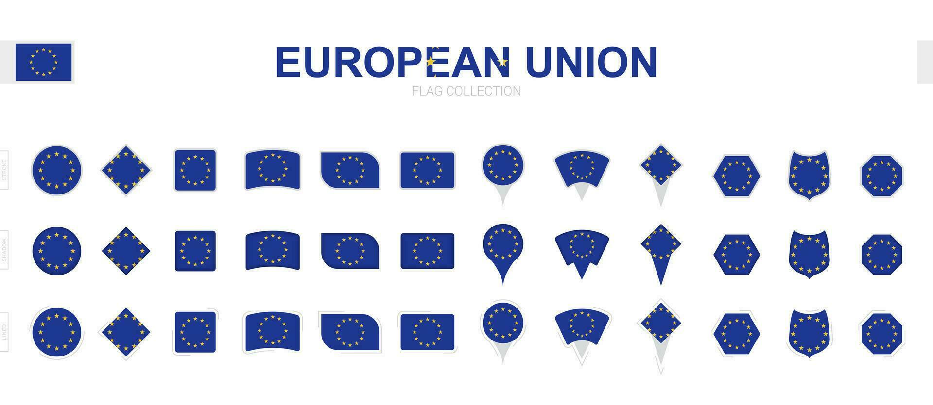 stor samling av europeisk union flaggor av olika former och effekter. vektor