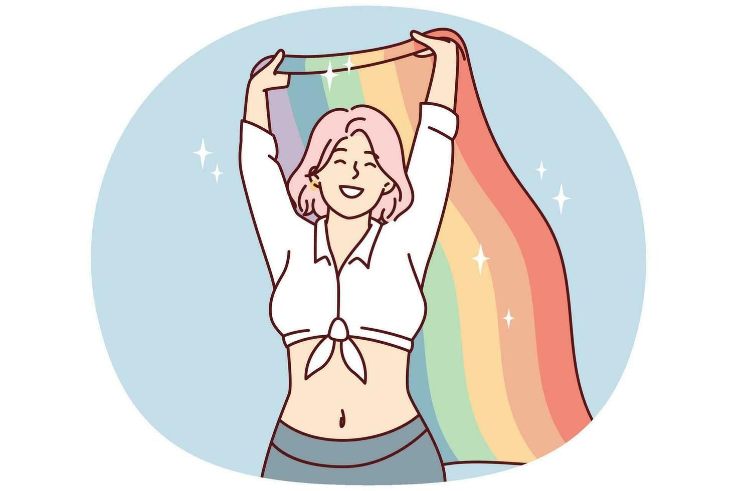 glücklich Frau winken Regenbogen Flagge während Sprechen beim Veranstaltung zum lgbt und Sexual- Minderheiten. Vektor Bild