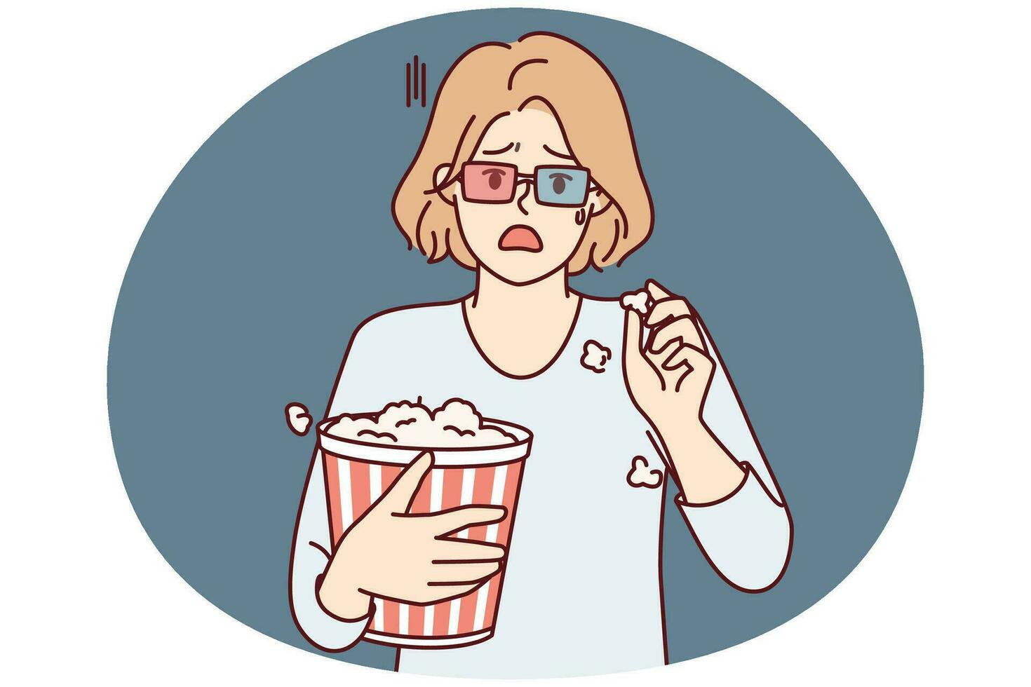 erschrocken Frau mit Eimer Popcorn öffnet Mund während unheimlich Moment im Grusel Film. Vektor Bild