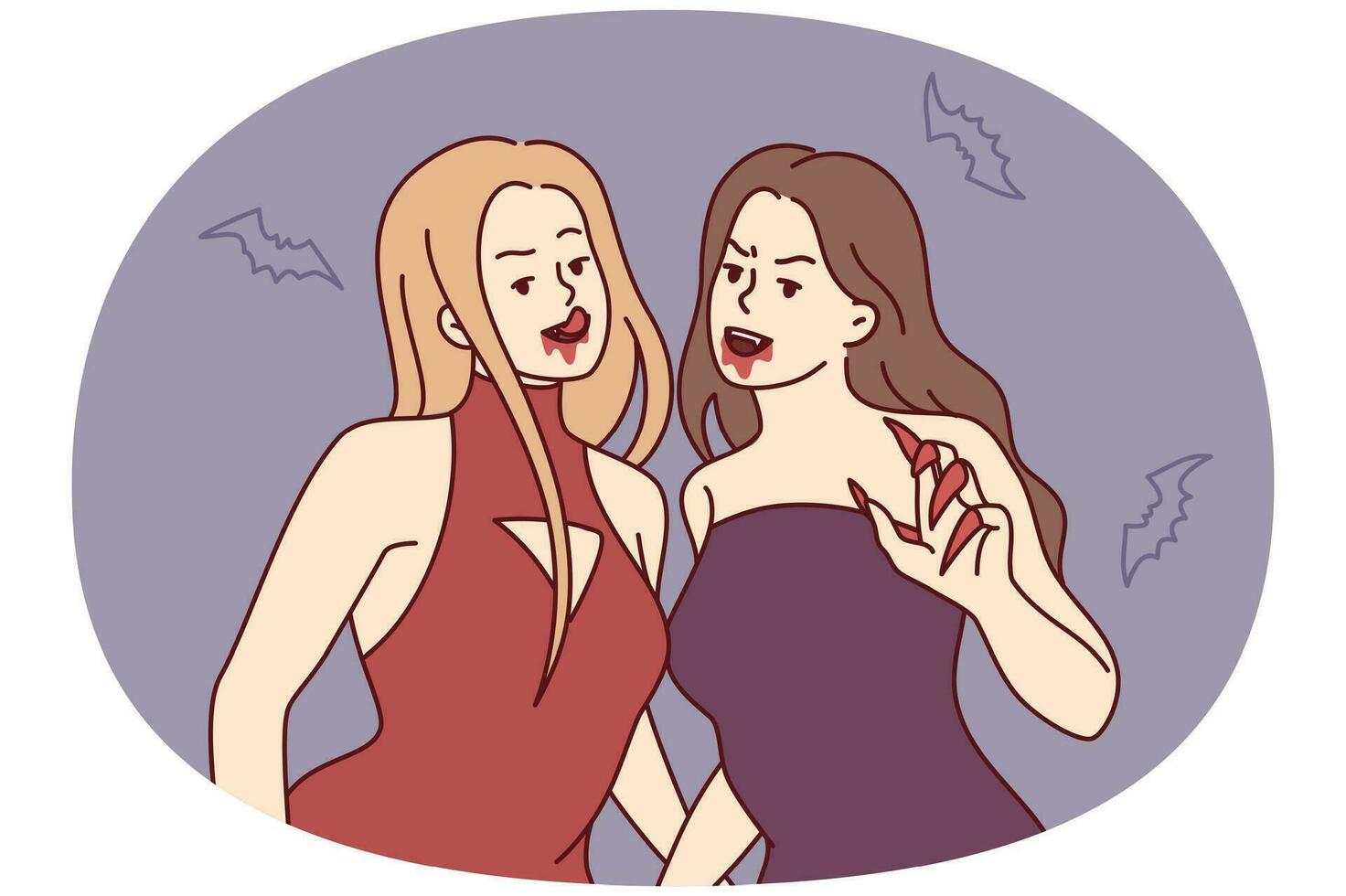 Frauen Vampire im Abend Kleider mit Scharf Krallen und Spuren von Blut in der Nähe von Mund. Vektor Bild