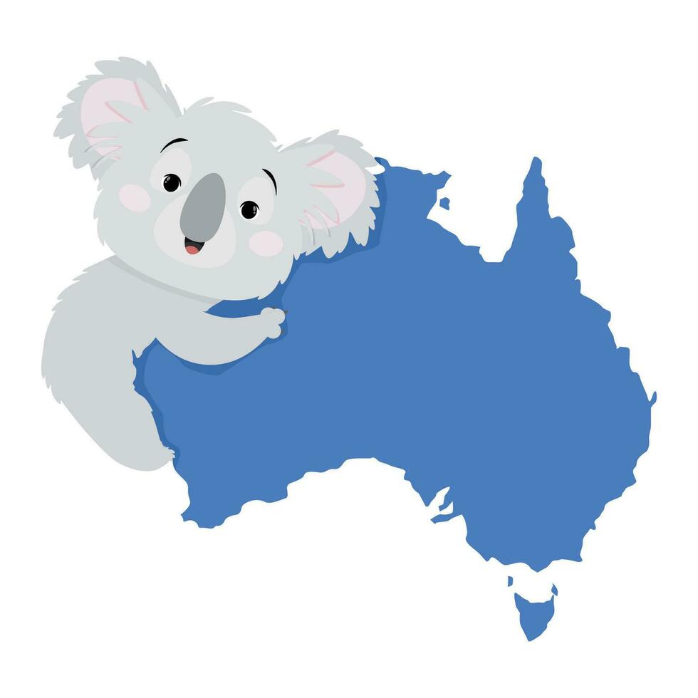 eben Blau eben Karte von Australien und ein grau Koala umarmen es von das Seite vektor