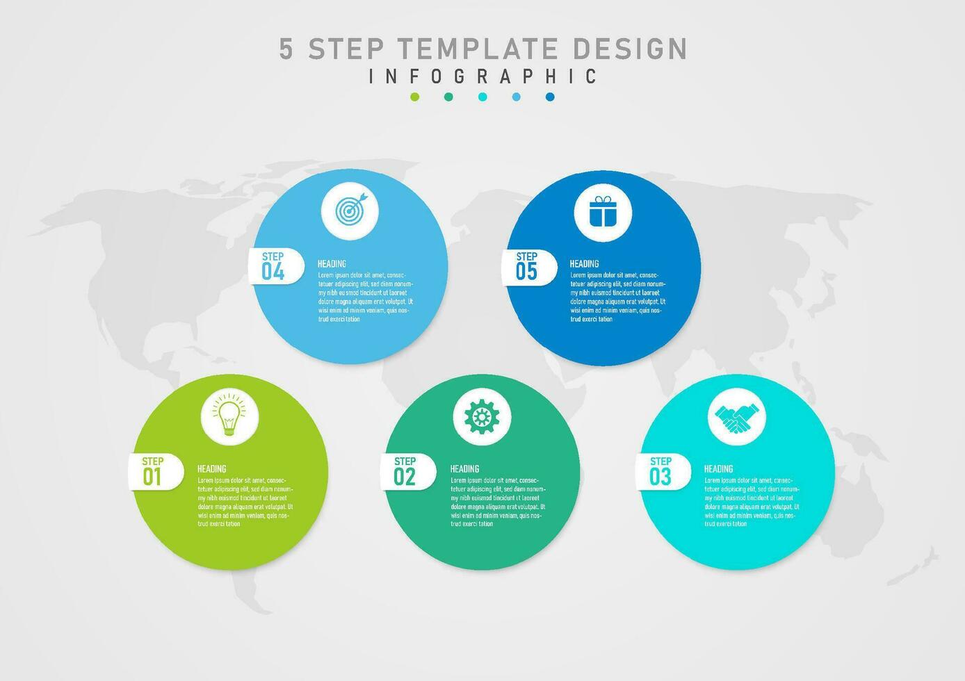 5 steg infographic mall flerfärgad cirklar med vit brev i de mitten topp ikon i vit cirkel Nedan de Karta Nedan grå lutning bakgrund designad för företag, marknadsföring, Produkter. vektor