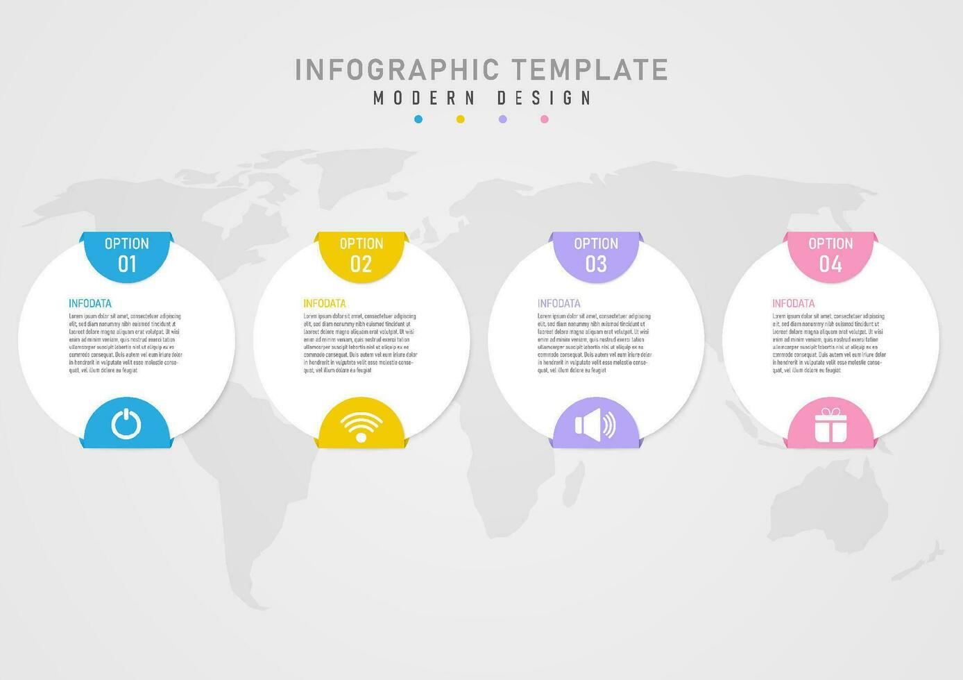 Infografik Vorlage 4 Optionen einfach Geschäft Weiß Kreis Text oben Center Pastell- farbig Halbkreis mehrfarbig oben und Unterseite Weiß Symbol unten das Karte unter. grau Gradient Hintergrund vektor