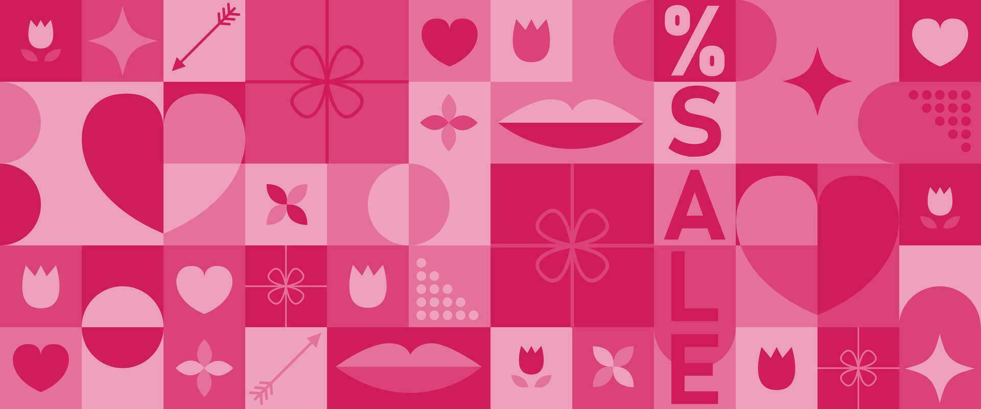 abstrakt geometrisch Valentinsgrüße Tag Banner zum Werbung. Symbole mit Symbole von Liebe, Herz, Geschenk, Lippen, Blume. modisch Design zum Banner, Hintergrund, Hintergrund, Abdeckung, Angebot vektor