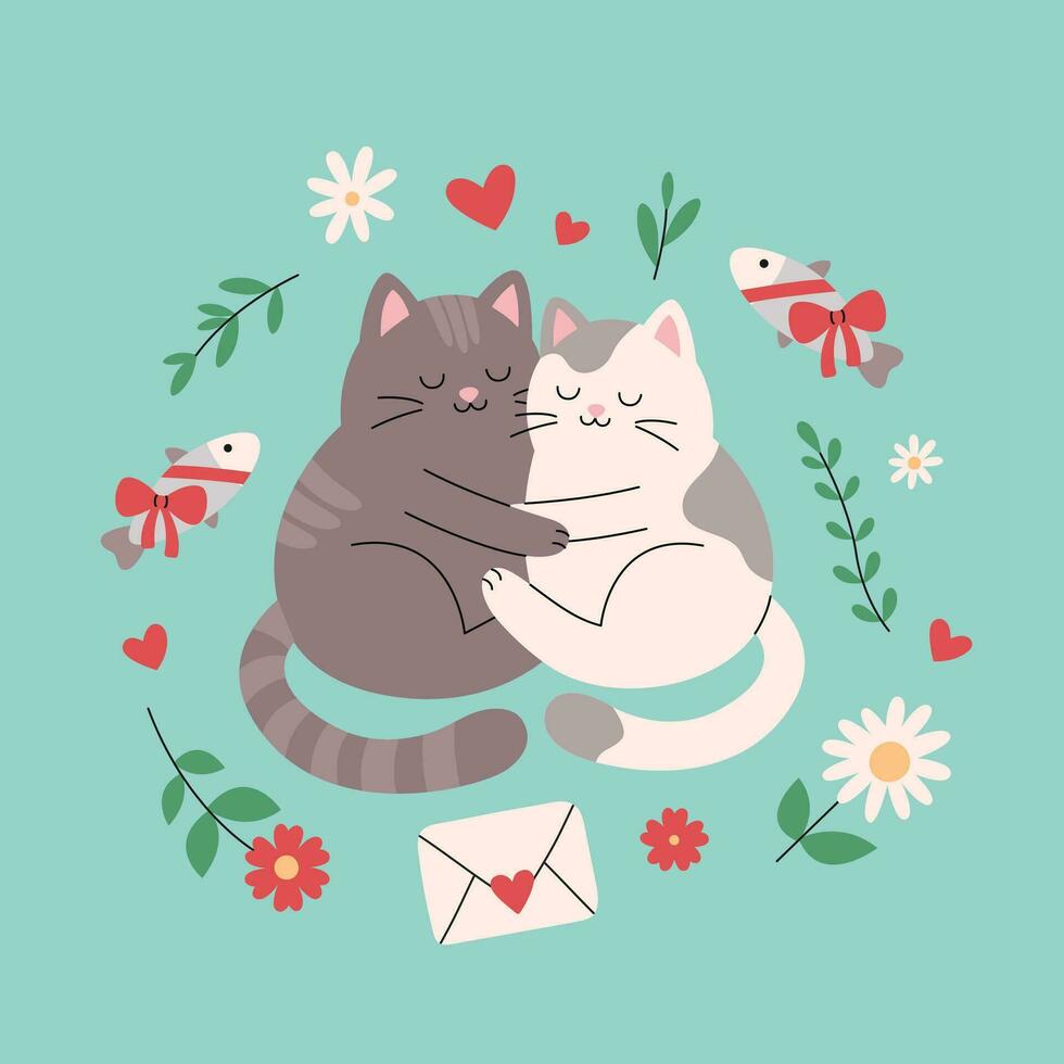två söt katter i kärlek kramas tillsammans. romantisk kattungar par i ram av blommor, kvistar, hjärtan och fisk. vektor platt illustration för valentines dag affisch, baner, hälsning kort