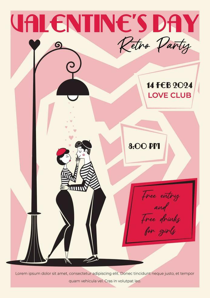 Valentinstag Tag retro Party Einladung, Poster. 60er Jahre - - 70er Jahre Stil Valentinstag Tag Vektor Illustration von Mime Paar im Liebe, unter das Laterne Licht.