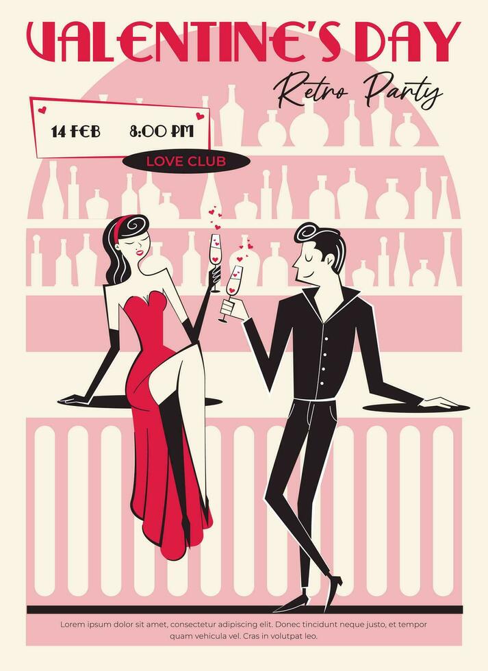 Valentinstag Tag retro Party Einladung, Poster. 60er Jahre - - 70er Jahre Stil Valentinstag Tag Vektor Illustration von Paar im Liebe auf ein Datum im Bar.