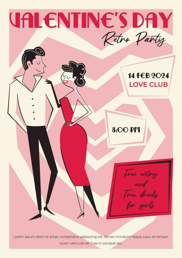 Valentinstag Tag retro Party Einladung, Poster. 60er Jahre - - 70er Jahre Stil Valentinstag Tag Vektor Illustration von Paar im Liebe auf ein Datum.