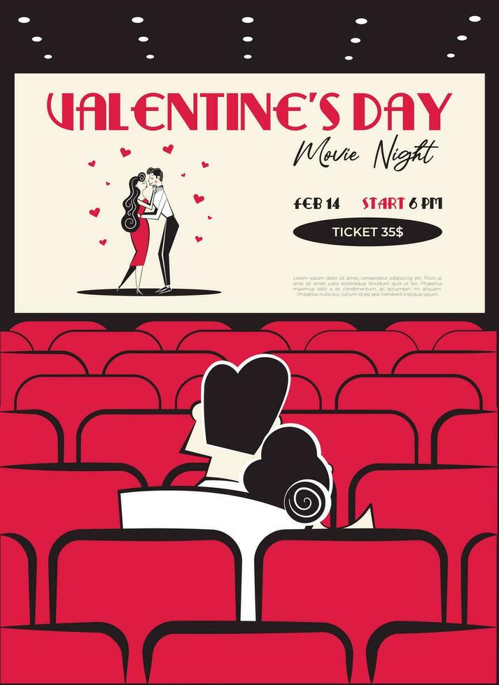 Valentinstag Tag Film Nacht Einladung, Poster. 60er Jahre - - 70er Jahre Stil Valentinstag Tag Vektor Illustration von Paar im Liebe auf ein Datum im Kino Aufpassen romantisch Film.