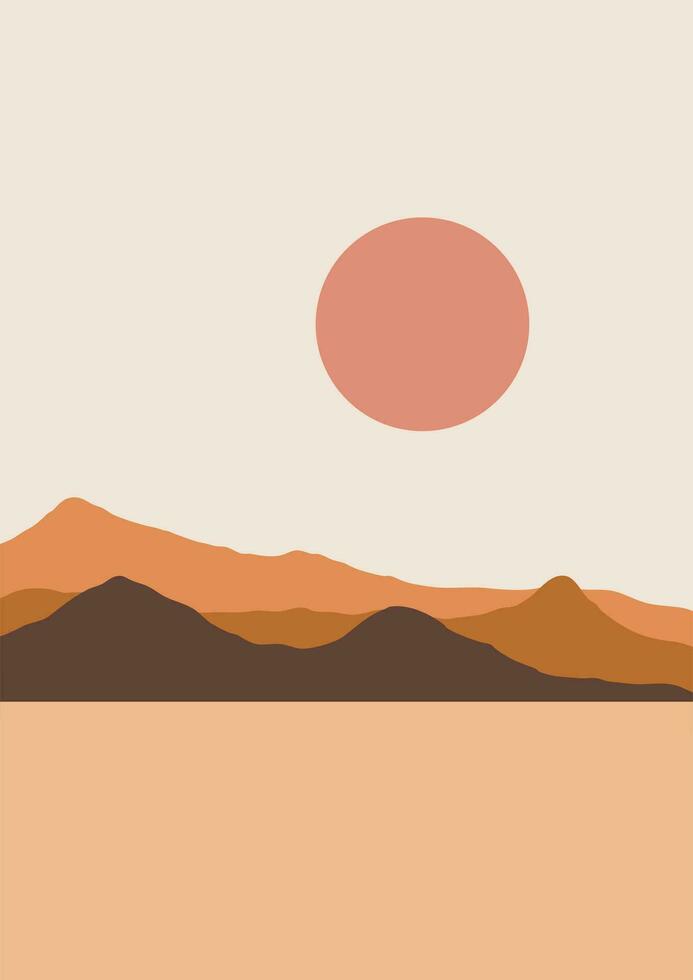 abstrakt zeitgenössisch ästhetisch Hintergründe Landschaften einstellen mit Sonnenaufgang, Sonnenuntergang, Nacht. Boho Mauer Dekor. Mitte Jahrhundert modern minimalistisch Kunst drucken. eben Design. abstrakt Berg Landschaft Hintergrund vektor