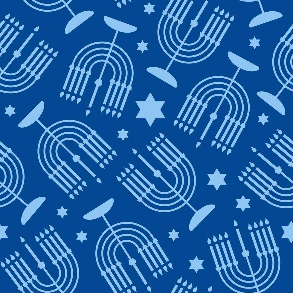Lycklig hanukkah sömlös mönster med kreativ symboler på blå bakgrund. modern festlig svartvit design för tapet, omslag papper, tyg, baner. vektor illustration