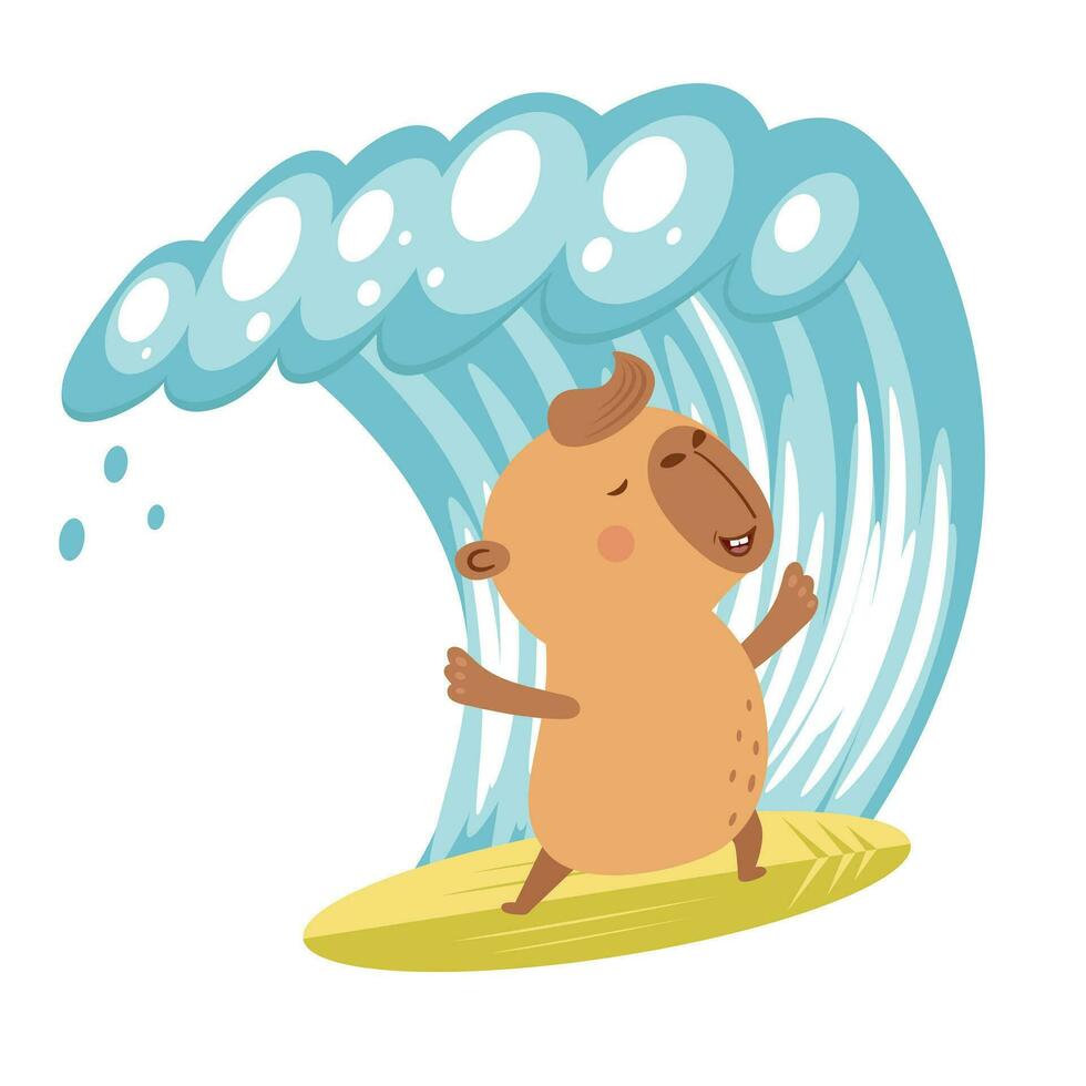 Capybara Surfer auf Surfen Tafel. Comic Stil Vektor Illustration.