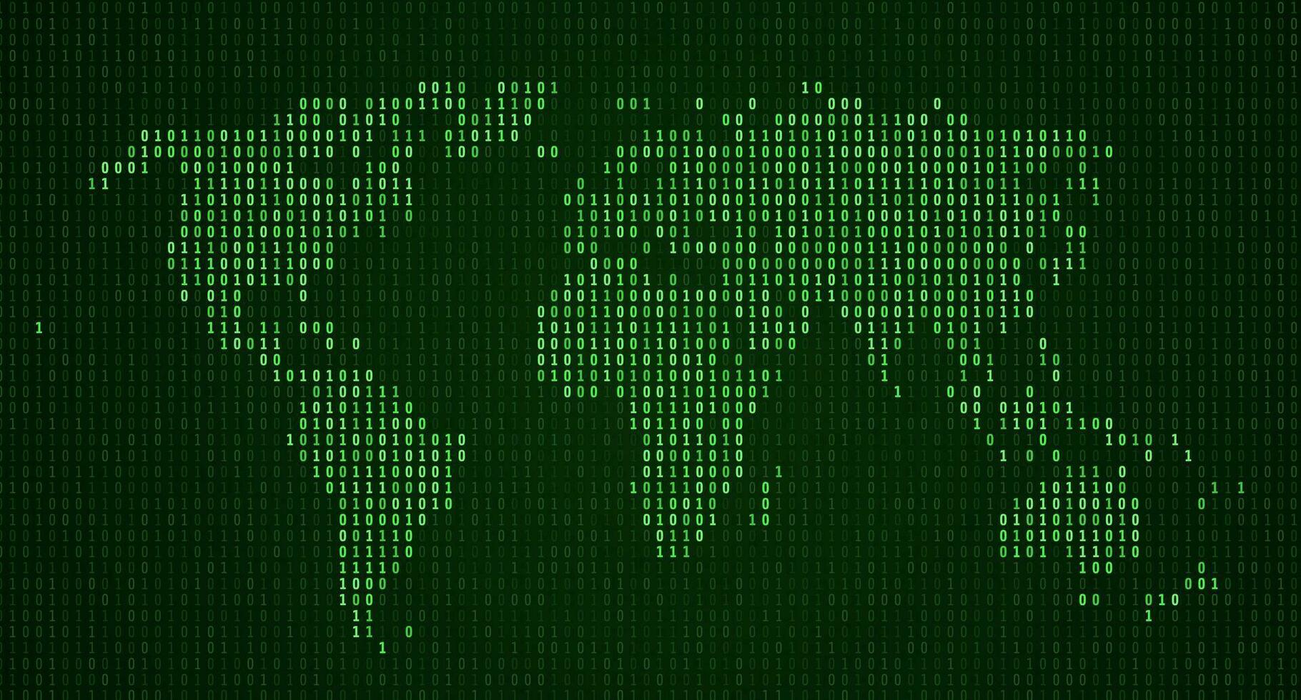 Welt Karte gezeigt im binär Code Muster. Grün Matrix Zahlen, null, einer vektor