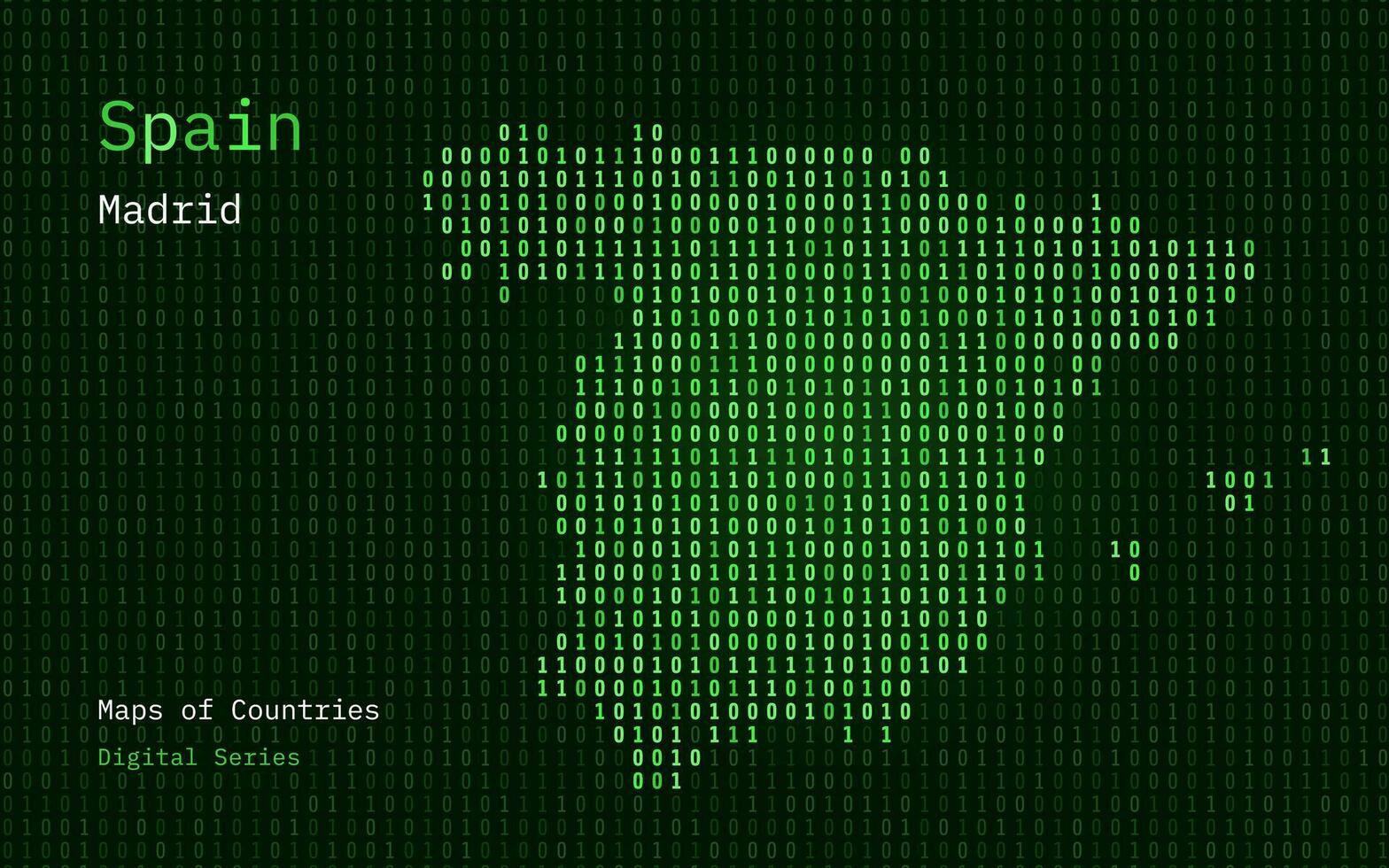 Spanien Grün Karte gezeigt im binär Code Muster. Matrix Zahlen, null, eins. Welt Länder Vektor Karten. Digital Serie