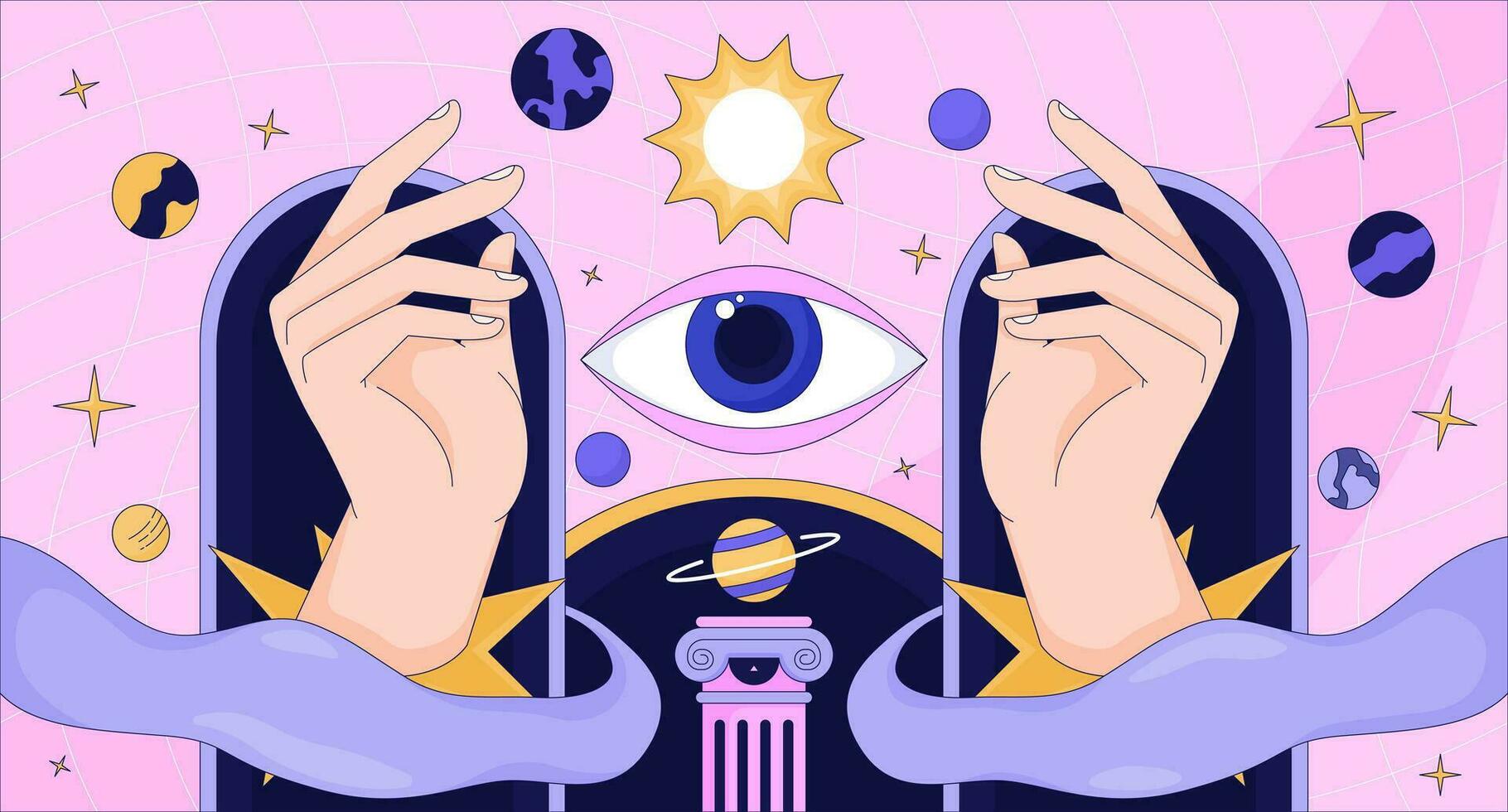 magi förmögenhet astronomi lofi tapet. esoterisk astrologi 2d tecknad serie platt illustration. Allt seende öga, kosmisk planeter. spådom. drömmande vibrafon kyla vektor konst, lo fi estetisk färgrik bakgrund