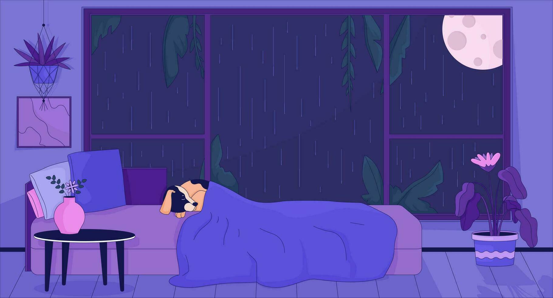 Hund Schlafen im Bett beim Nacht regnerisch 2d Karikatur Hintergrund. schläfrig Hündchen Lebensstil bunt ästhetisch Vektor Illustration, niemand. voll Mond Nachtzeit Fenster Schlafzimmer eben Linie Hintergrund Kunst, lofi Bild