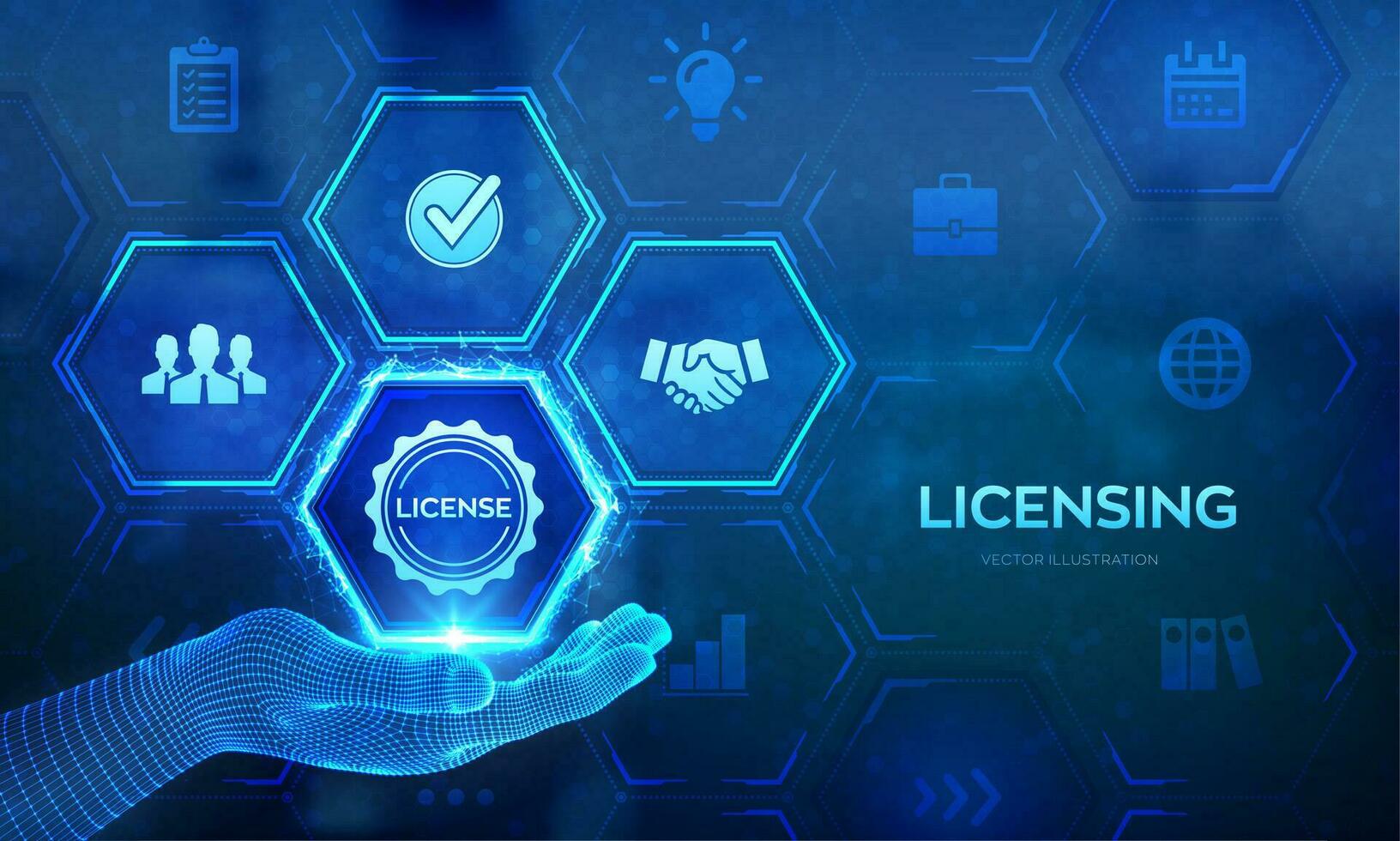 licensiering. licens avtal begrepp i trådmodell händer. upphovsrätt skydd lag licens fast egendom rättigheter. företag teknologi begrepp på virtuell skärm. vektor illustration.