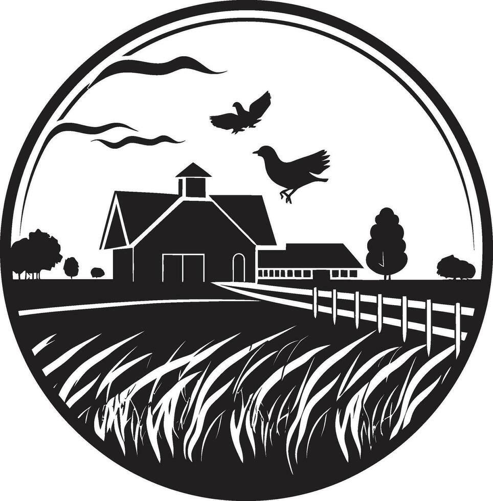 Landschaft Ernte landwirtschaftlich Bauernhaus Emblem Heimstätte Erbe schwarz Vektor Logo zum Bauernhöfe