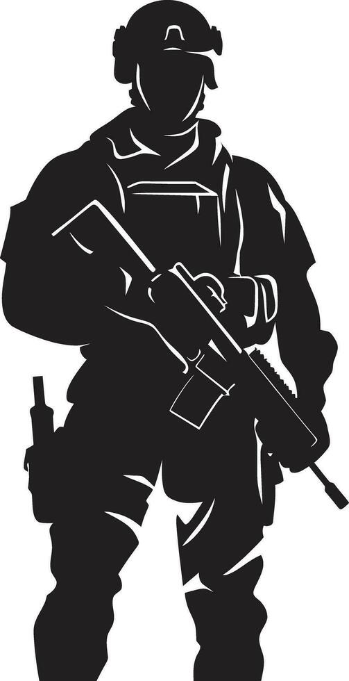 Krieger standhaft bewaffnet Militär- Emblem Wächter Tapferkeit schwarz Soldat Symbol Design vektor