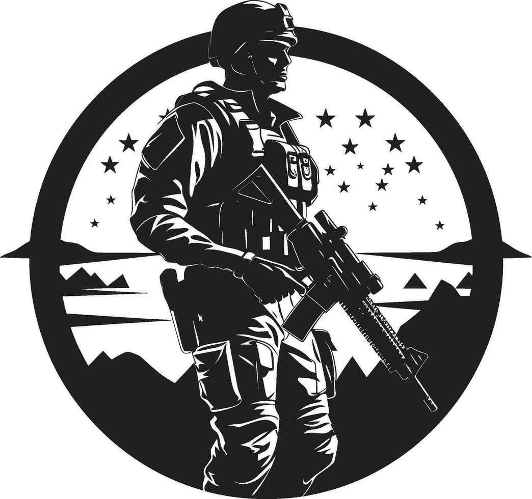 Verteidiger s Präzision schwarz Soldat Emblem Kampf Mahnwache bewaffnet Kräfte Vektor Design