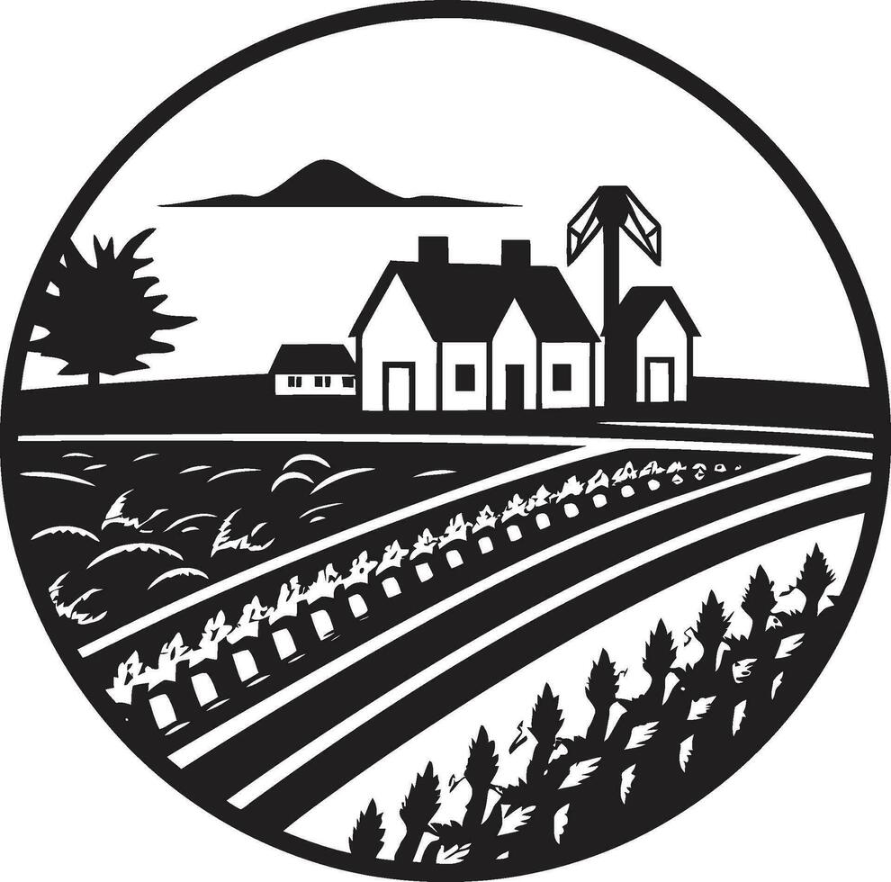 rustik lugn jordbruks bondgård emblem jordbruksmark väsen svart vektor logotyp för gårdar