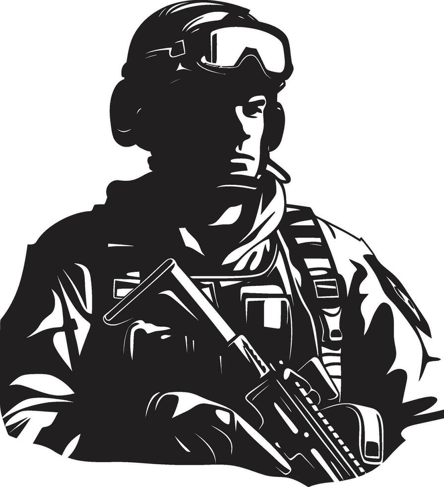 Defensive Tapferkeit schwarz Logo Symbol von ein Soldat Kampf Bereitschaft Vektor bewaffnet Kräfte Emblem