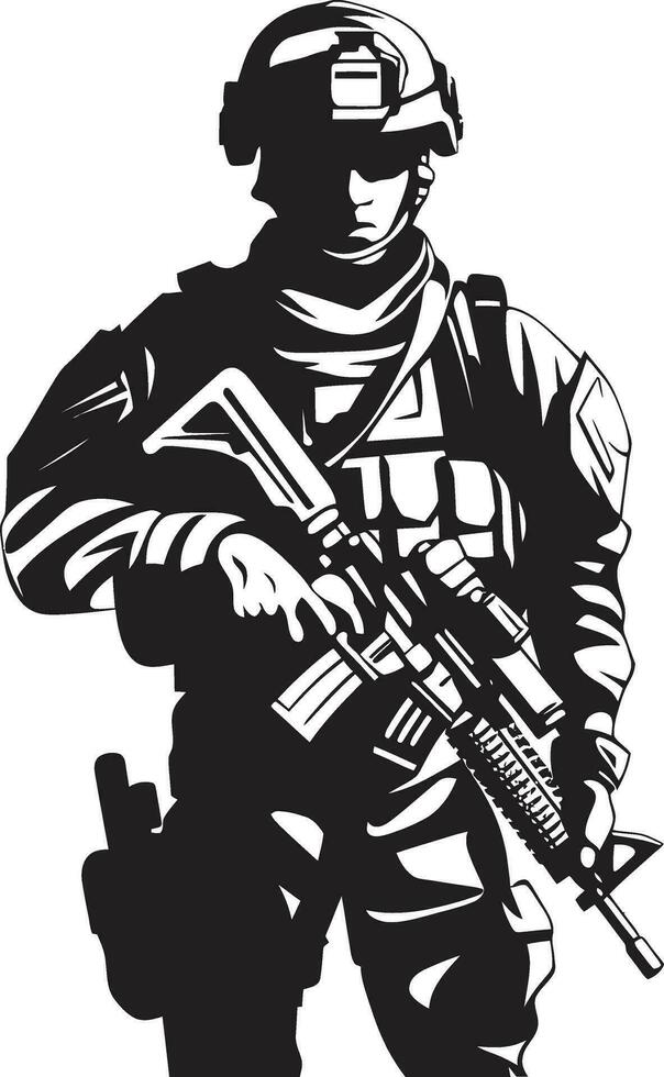 Krieger Stärke Vektor Soldat Emblem im schwarz militant Präzision bewaffnet Kräfte schwarz Logo Design