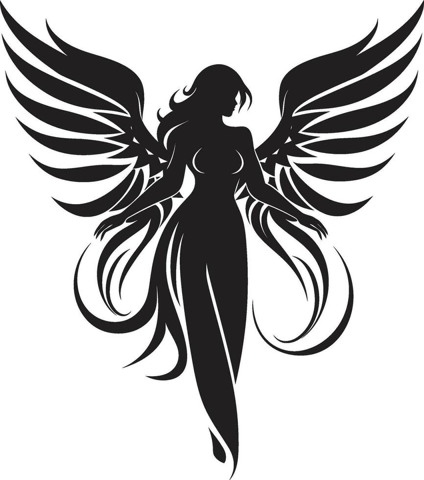 göttlich Gelassenheit schwarz Engel Logo Design ätherisch Bote Vektor geflügelt Symbol