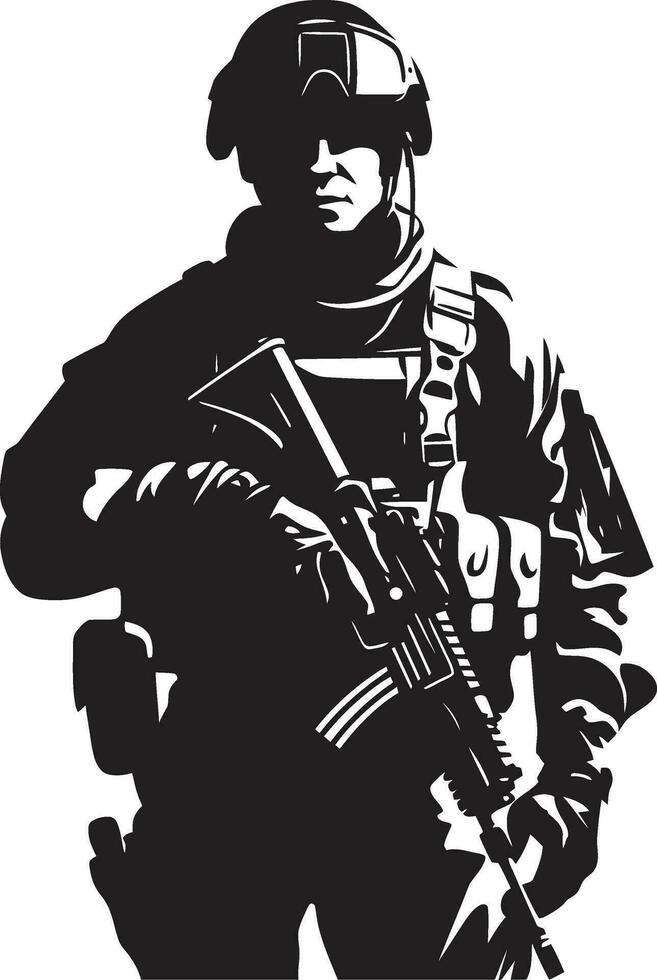 Defensive Wachsamkeit Vektor schwarz Soldat Krieger standhaft bewaffnet Militär- Emblem