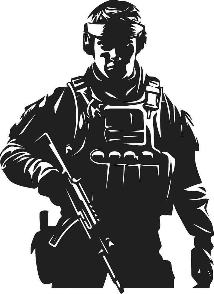 Krieger standhaft bewaffnet Militär- Emblem Wächter Tapferkeit schwarz Soldat Symbol Design vektor