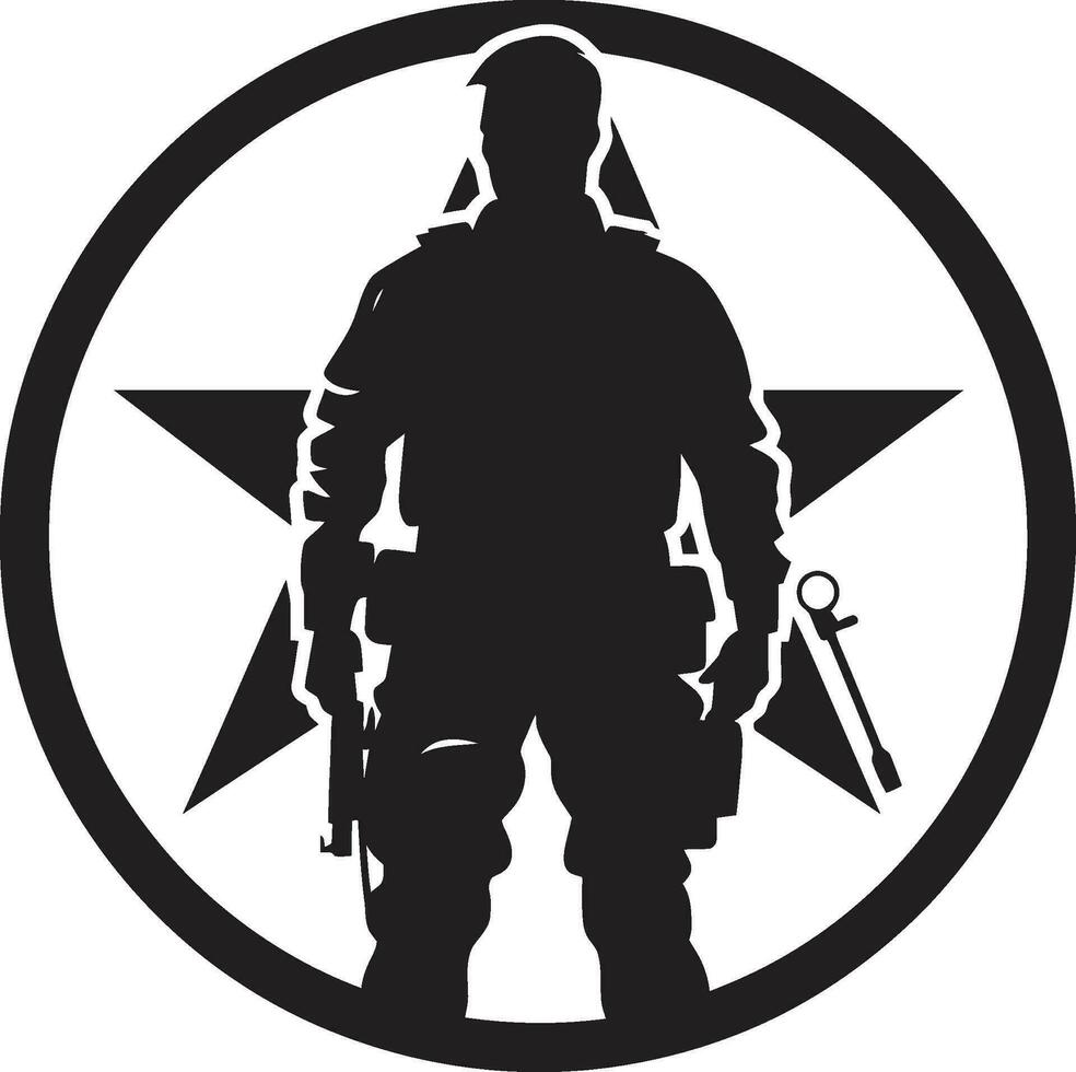 Schlacht bereit Wächter schwarz Logo von ein bewaffnet Krieger strategisch Wachsamkeit Vektor schwarz Soldat Symbol