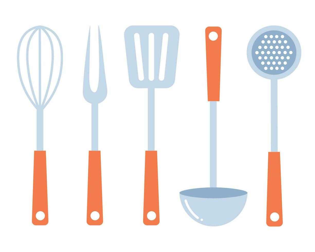 klotter platt ClipArt. enkel illustration av kök verktyg, vispa, slev, kött gaffel, slitsad sked, spatel vektor