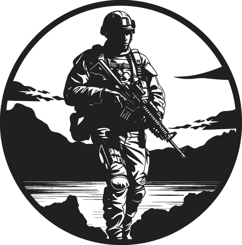 Kampf Präzision Vektor bewaffnet Kräfte Logo Verteidiger s Entschlossenheit bewaffnet Mann schwarz Emblem