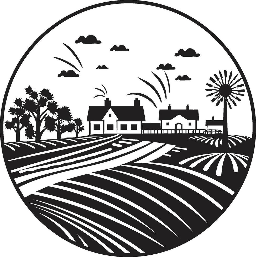 Ernte Horizont schwarz Vektor Logo zum Bauernhof Leben Gehöft Glanz landwirtschaftlich Bauernhaus Emblem