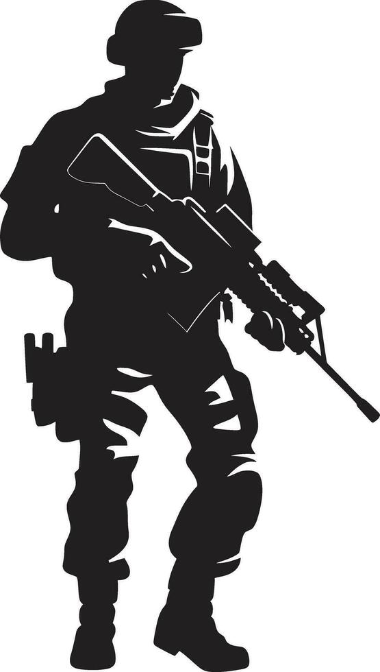 Schlacht bereit Wächter schwarz Logo von ein bewaffnet Krieger strategisch Wachsamkeit Vektor schwarz Soldat Symbol