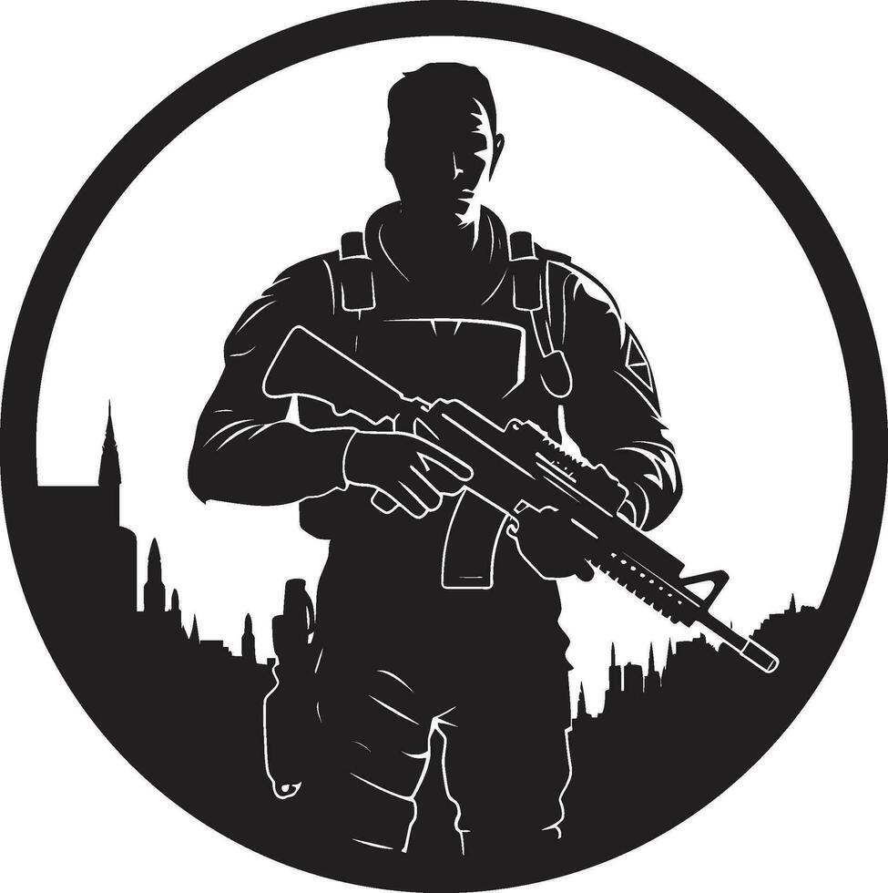 Kampf Wachsamkeit schwarz Logo Symbol von ein bewaffnet Soldat Krieger Stärke Vektor Soldat Emblem im schwarz