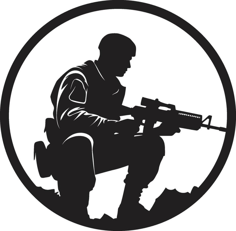 strategisk väktare väpnad soldat emblem design defensiv tapperhet svart logotyp ikon av ett arméman vektor