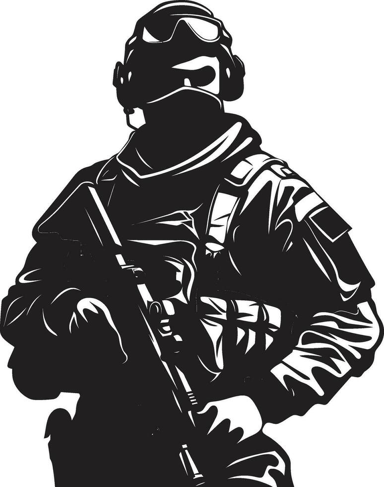 strategisch Wächter bewaffnet Soldat Emblem Design Defensive Tapferkeit schwarz Logo Symbol von ein Soldat vektor