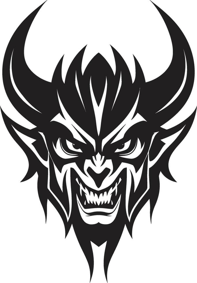 unheimlich Blick aggressiv Teufel s Antlitz Logo Design böswillig Gegenwart Vektor schwarz Symbol von Teufel s Gesicht