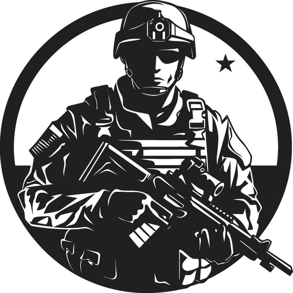 heroisch Entschlossenheit schwarz bewaffnet Soldat Logo Design wachsam Schutz Vektor Soldat schwarz Symbol