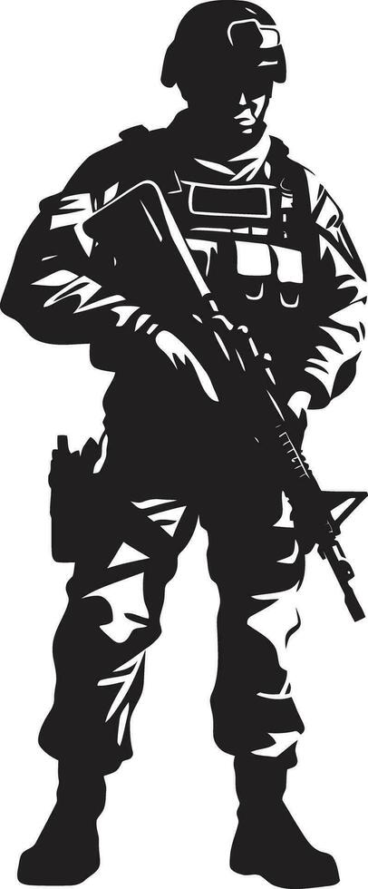 Schlacht bereit Wächter bewaffnet Soldat Vektor Emblem Kampf Wachsamkeit schwarz Logo Symbol von ein bewaffnet Soldat