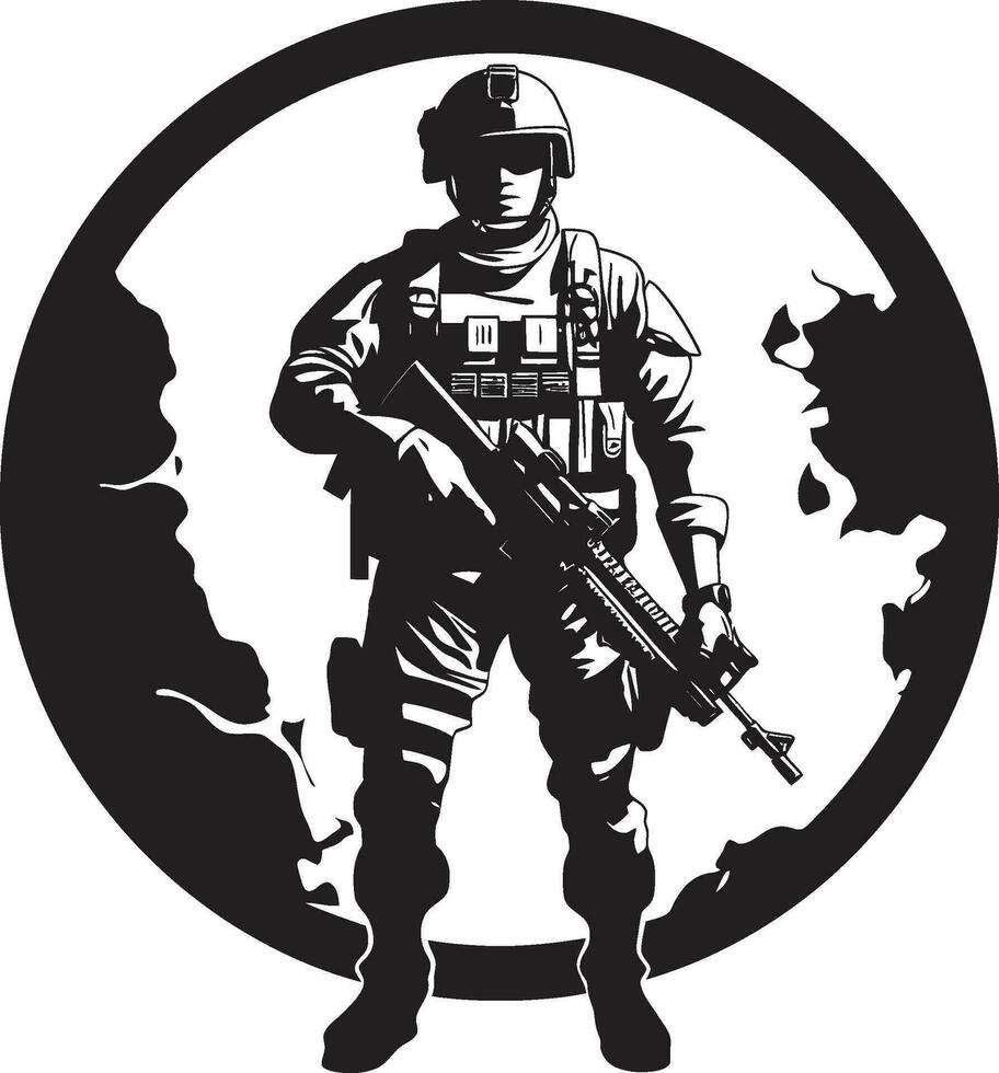 Schlacht bereit Wächter bewaffnet Soldat Vektor Emblem Kampf Wachsamkeit schwarz Logo Symbol von ein bewaffnet Soldat