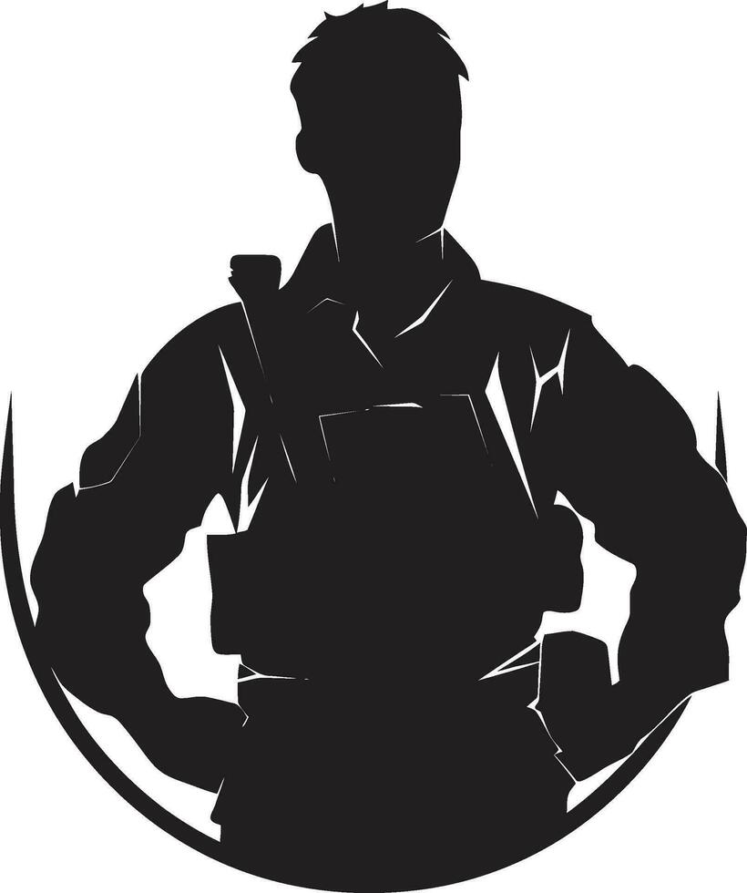 slåss redo vakt svart logotyp av ett väpnad krigare strategisk vaksamhet vektor svart arméman ikon