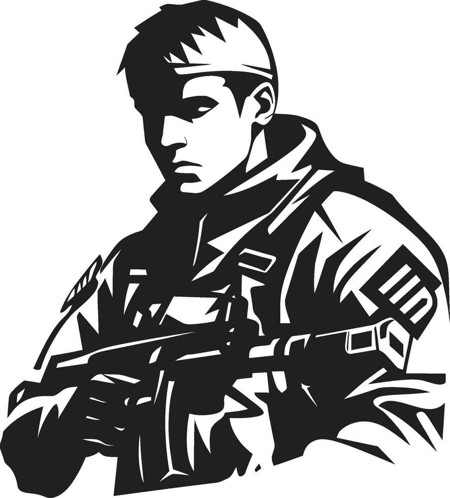 Defensive Tapferkeit schwarz Logo Symbol von ein Soldat Kampf Bereitschaft Vektor bewaffnet Kräfte Emblem