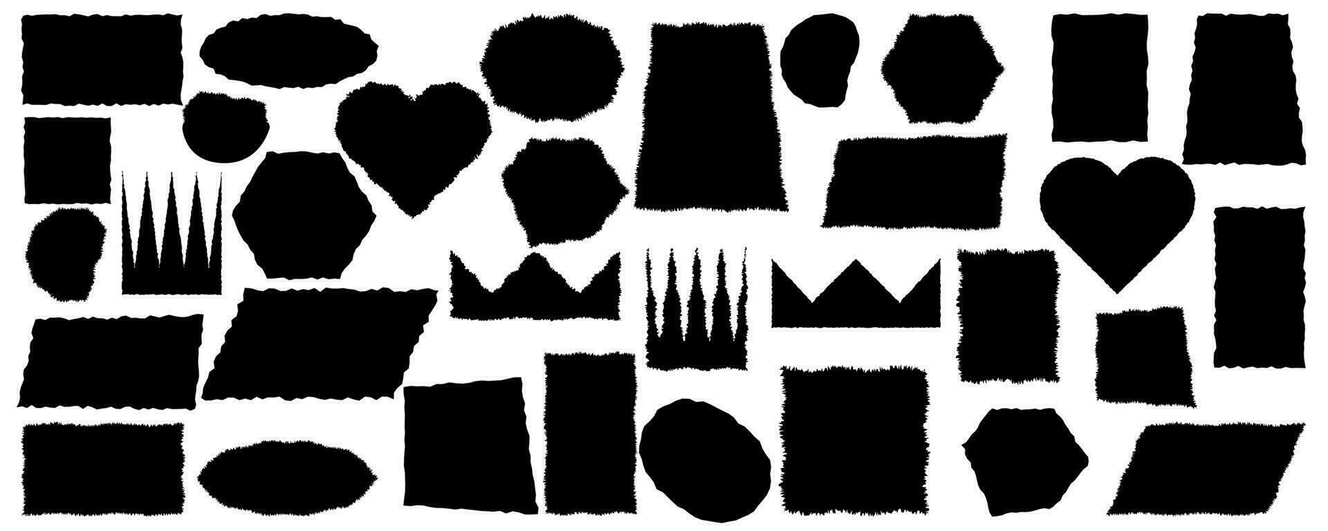 ojämn rektanglar samling. uppsättning av svart grunge element, former med ojämn kanter. trasig papper bitar för collage, text låda, baner, klistermärke. vektor. vektor illustration