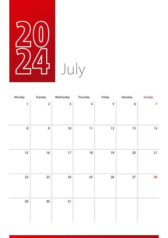 Juli 2024 Kalender Design. Woche beginnt auf Montag. Vertikale Kalender Vorlage. vektor