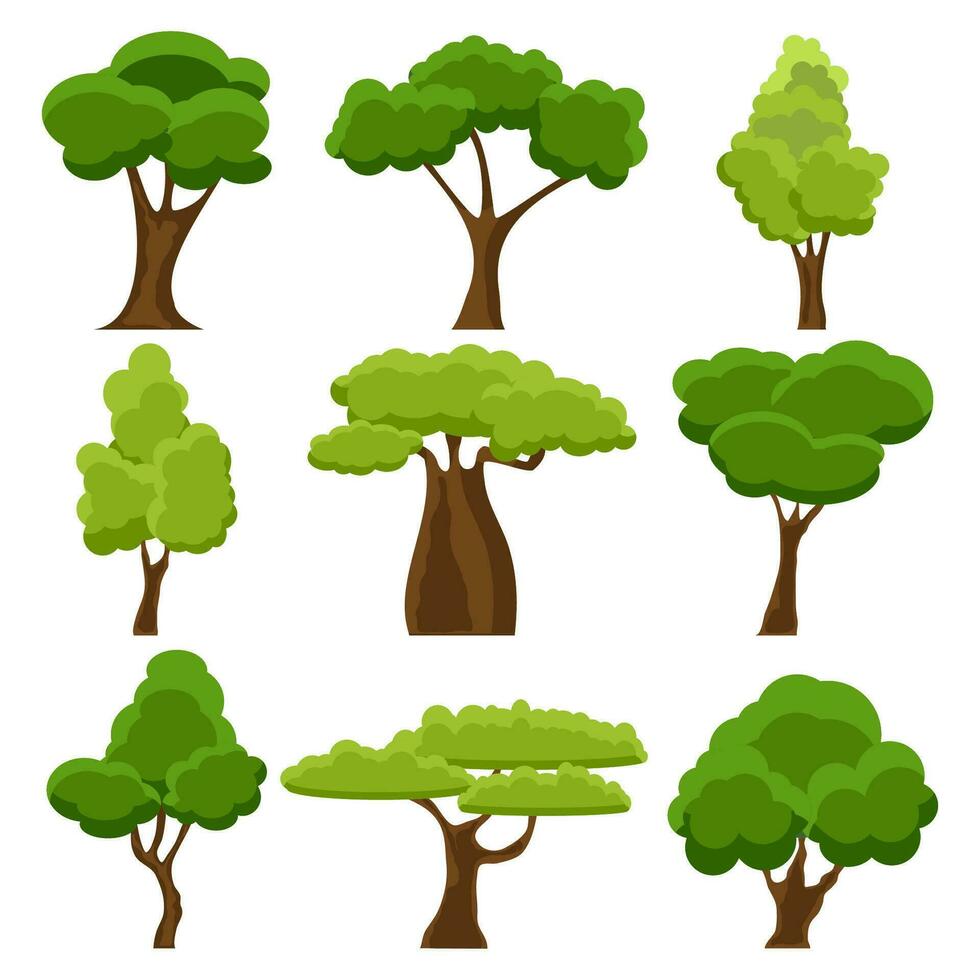 uppsättning av platt stiliserade träd. tecknad serie trädgård grön träd. natur miljö organisk skog och parkera. vår eller sommar träd. vektor illustration