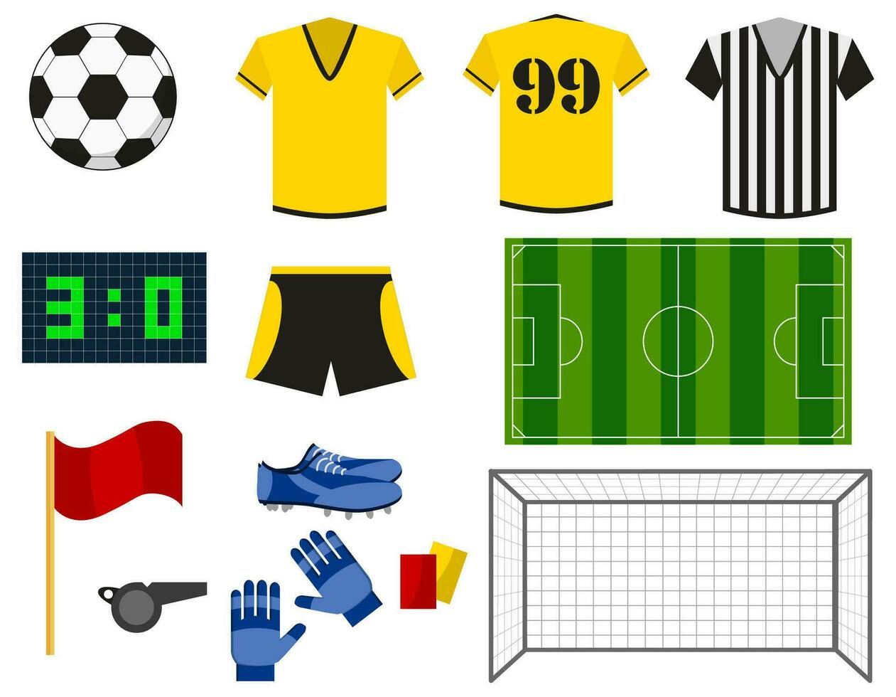 Fußball oder europäisch Fußball eben Symbole Satz. Uniform, Ball, Fußball Ziel, Fußball Feld, Schuhe und Handschuhe isoliert auf Weiß Hintergrund. Turnier Vektor Illustration