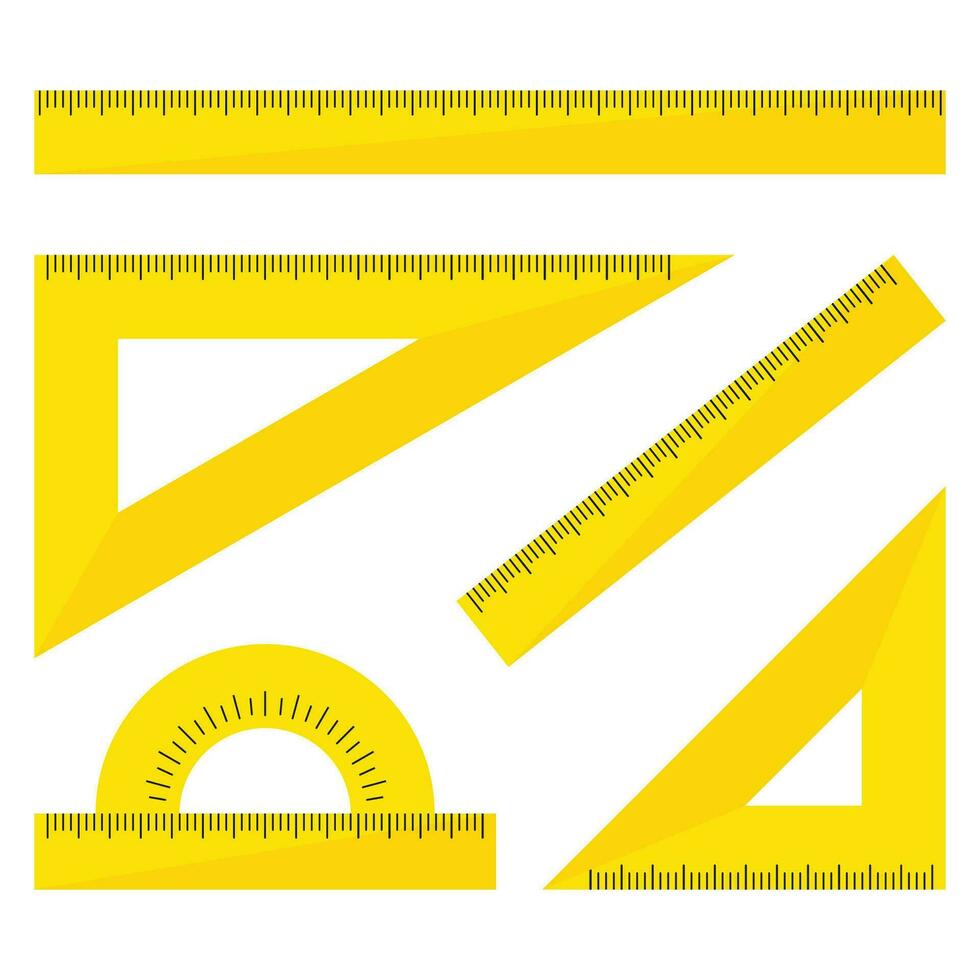 uppsättning av gul plast linjaler isolerat på vit bakgrund. linjal, triangel linjal, gradskiva för skola och företag. vektor illustration