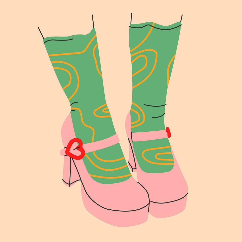 Symbol von hell festgeschnallt hoch Hacke Schuhe mit Herz gestalten Schließe und komisch Socken.Druck zum Karten, Schuh Geschäft vektor